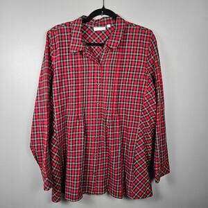 Uncommon Threads x J Jill Womens L Plaid‎ Button Front Tunic Flannel Red Black
